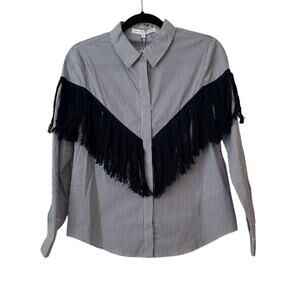 NWT English Factory Blue White Pinstripe Long Sleeve Button Up Shirt Fringe -XS